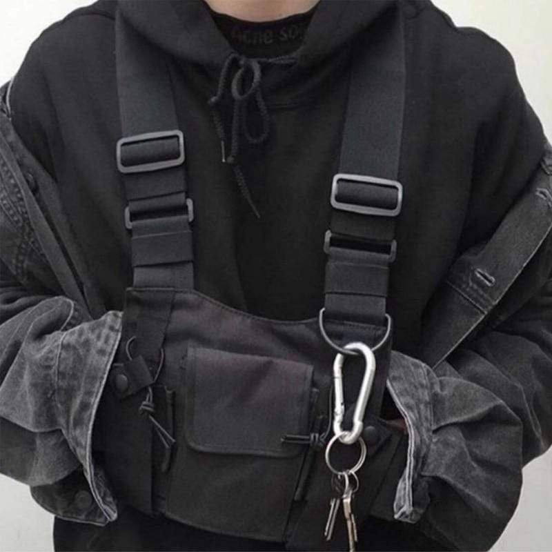 Unisex black tactical chest rig harness bag with adjustable straps, ideal for utility and streetwear