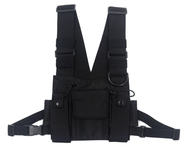 Model wearing a black tactical chest rig harness bag, showcasing its streetwear and utility style