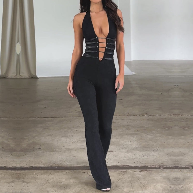Chic black transparent lace-up jumpsuit for women. Slim-fit evening wear, perfect for parties and night out fashion.