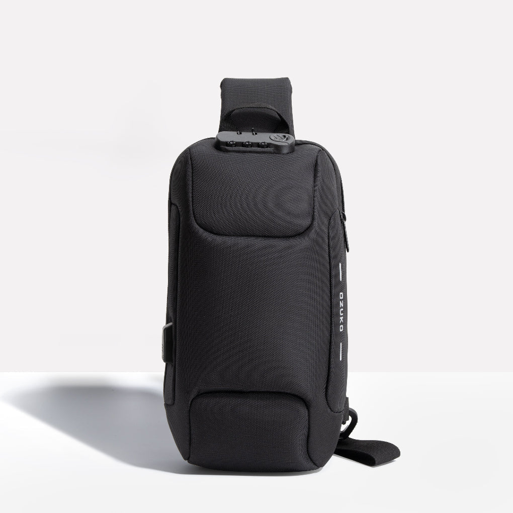 Black unisex anti-theft sling bag with external USB charging port, perfect for secure daily commute & travel.