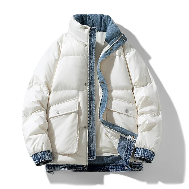 Cozy white puffer jacket, a stylish unisex cold weather coat for winter fashion