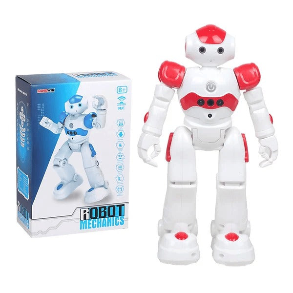 Dynamic shot of a red smart robot mid-dance, showcasing its movement and interactive nature.