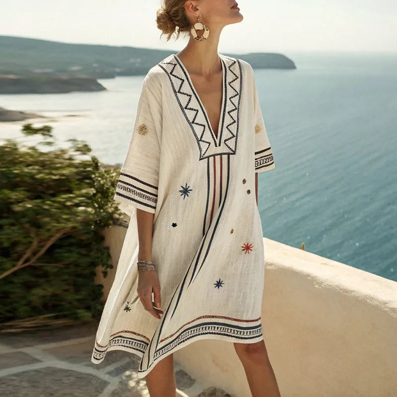 Bohemian women's embroidered V-neck kimono beach dress. Stylish summer coverup, ideal for resortwear & vacation.