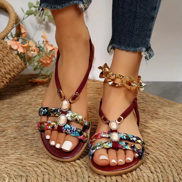 Beaded boho women's sandals, offering a comfortable & stylish slip-on option for summer.