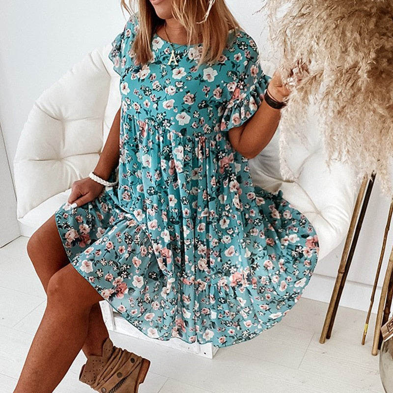 Bohemian floral ruffle midi dress with a flattering fitted waist & midi length for women.