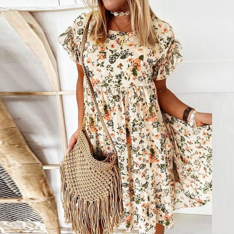 Summer women's boho floral midi dress, ruffles, fitted waist. Chic & comfortable vacation outfit.