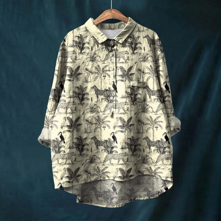 Botanical floral print women's relaxed shirt with turn-down collar, showcasing earthy design and casual elegance.