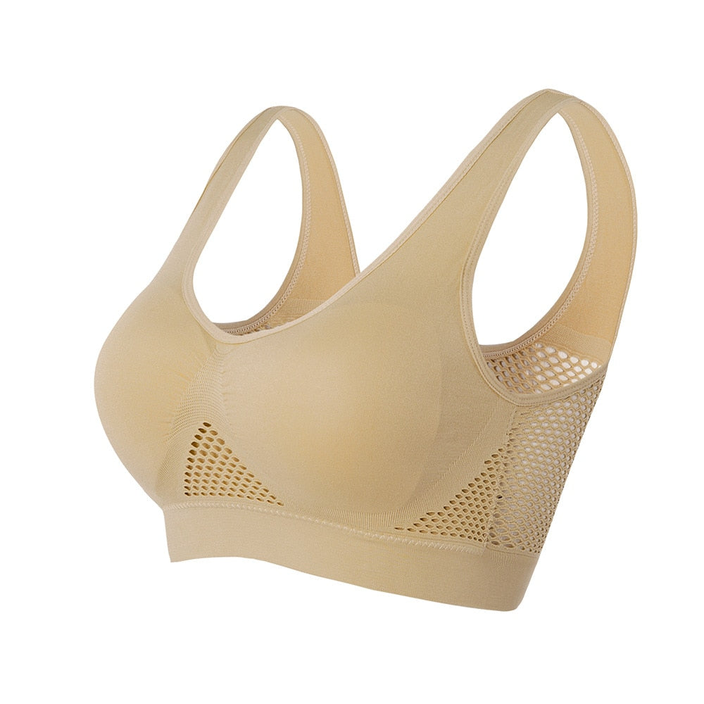 High support women's sports bra with mesh panels, perfect for activewear and exercise.