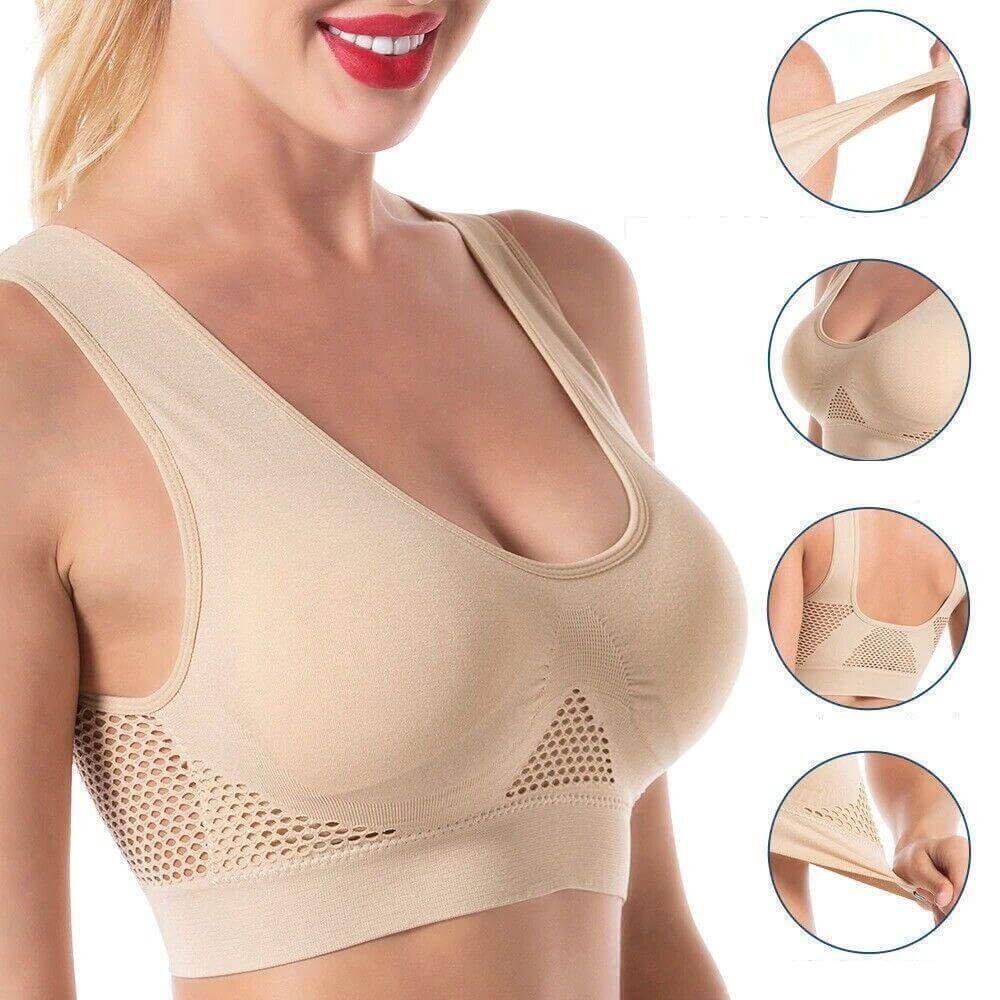 Back view: Women's seamless mesh sports bra, offering excellent breathability & active support.