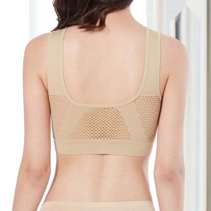 Performance women's mesh sports bra with breathable fabric for high-intensity exercise.