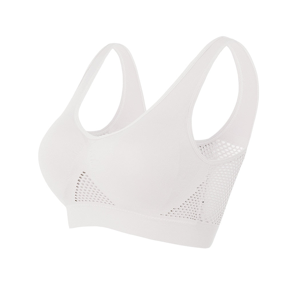 Lightweight women's mesh sports bra for yoga & fitness, ensuring breathable active support.
