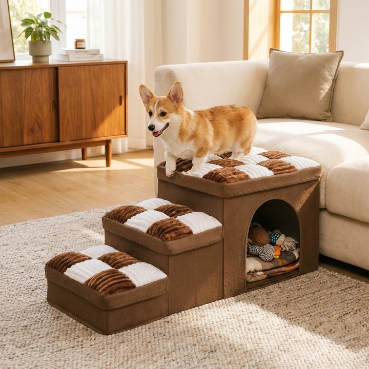 Brown dog steps with storage & pet condo for small/senior dogs. Provides joint support & a cozy pet bed.