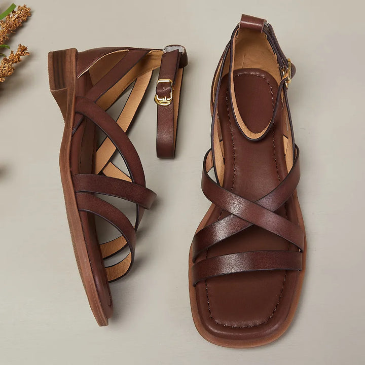 Brown genuine leather comfort sandals for women with ankle strap, ideal for summer daily wear
