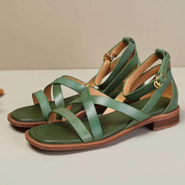 Stylish green leather comfort sandals for women, featuring a secure ankle strap