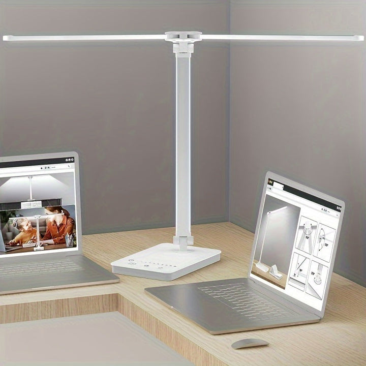 Compact LED desk lamp with flexible design, touch control & adjustable light, ideal for small desks & dorms.
