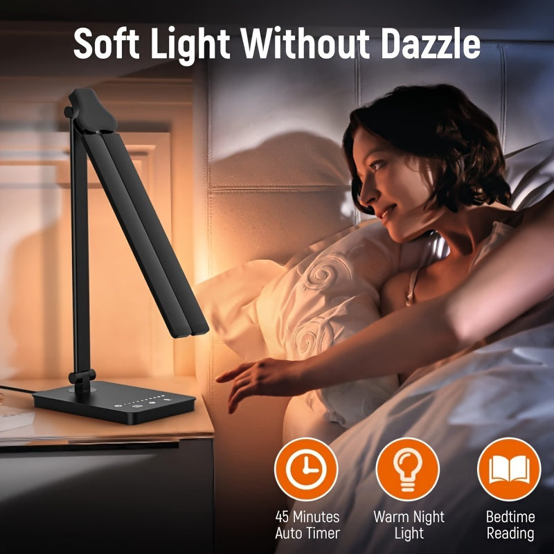 Flicker-free LED reading lamp, comfortable adjustable brightness & flexible arm for eye comfort.