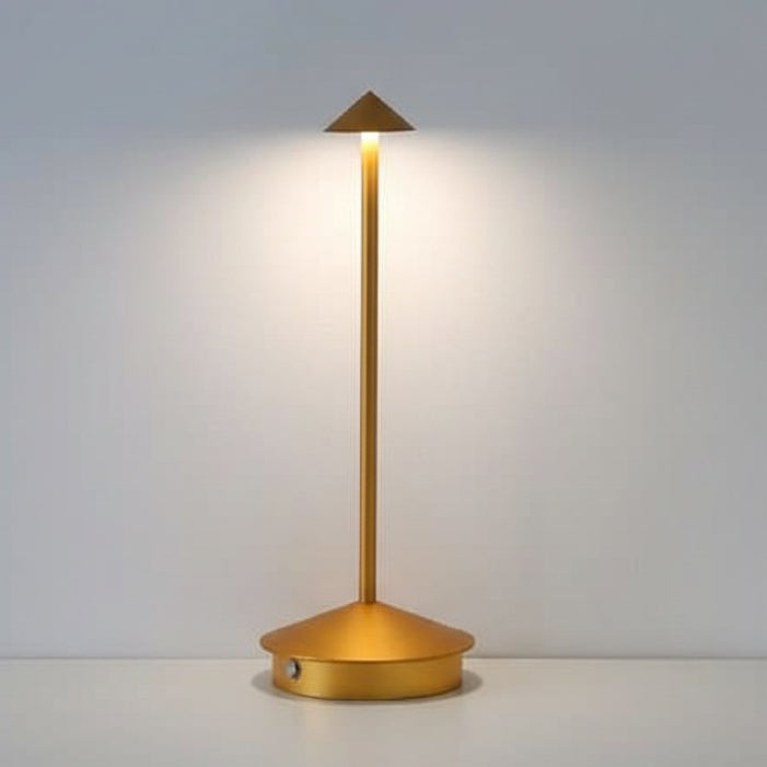 Wireless dimmable LED spotlight illuminating an outdoor patio, portable for flexible garden lighting.