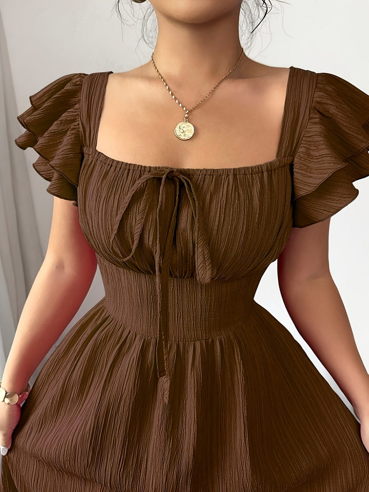 Rich brown A-line maxi dress for women, featuring a chic square neck and comfortable smocked waist.