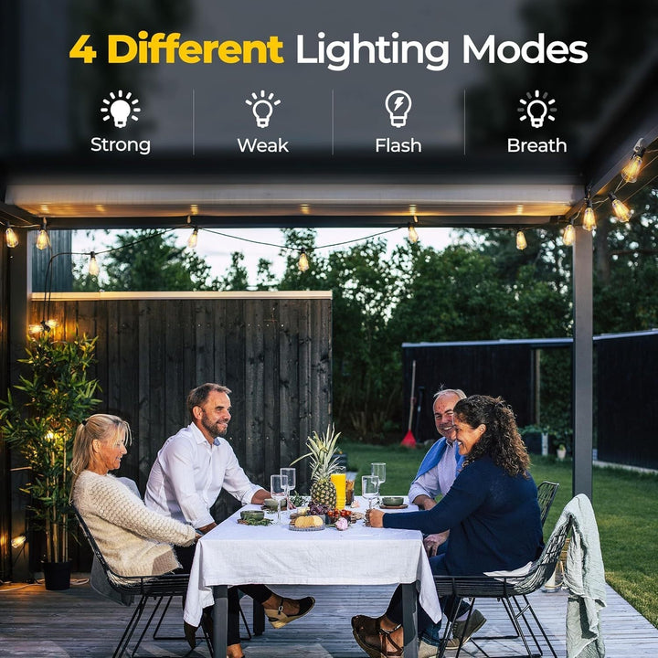Globe-style waterproof solar string lights draped elegantly in a backyard.