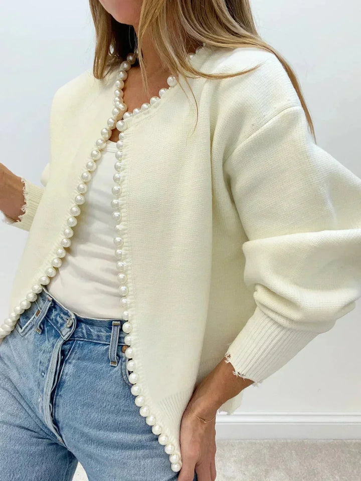 Women's elegant pearl trim knit cardigan, long sleeve & round neck, chic for versatile layering.