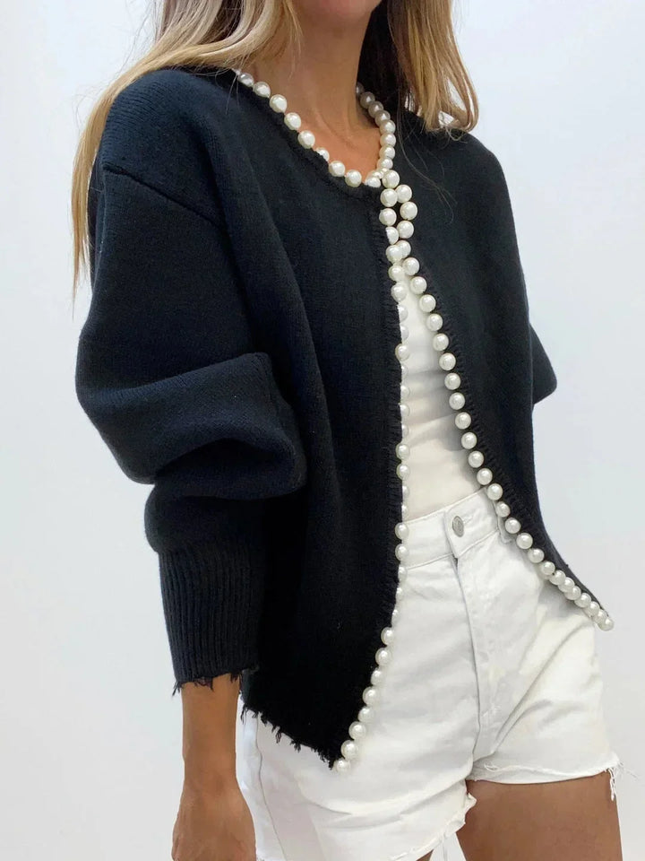 Pearl trim knit cardigan for women, a comfortable yet sophisticated sweater for versatile styling.