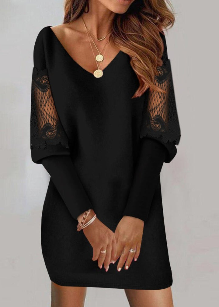 Elegant women's V-neck bodycon mini dress with lace sleeves for parties & chic evening wear. Short, stylish cocktail dress.