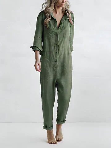 Chic women's jumpsuit featuring a stylish button placket. Perfect for spring & summer elegant outfits.
