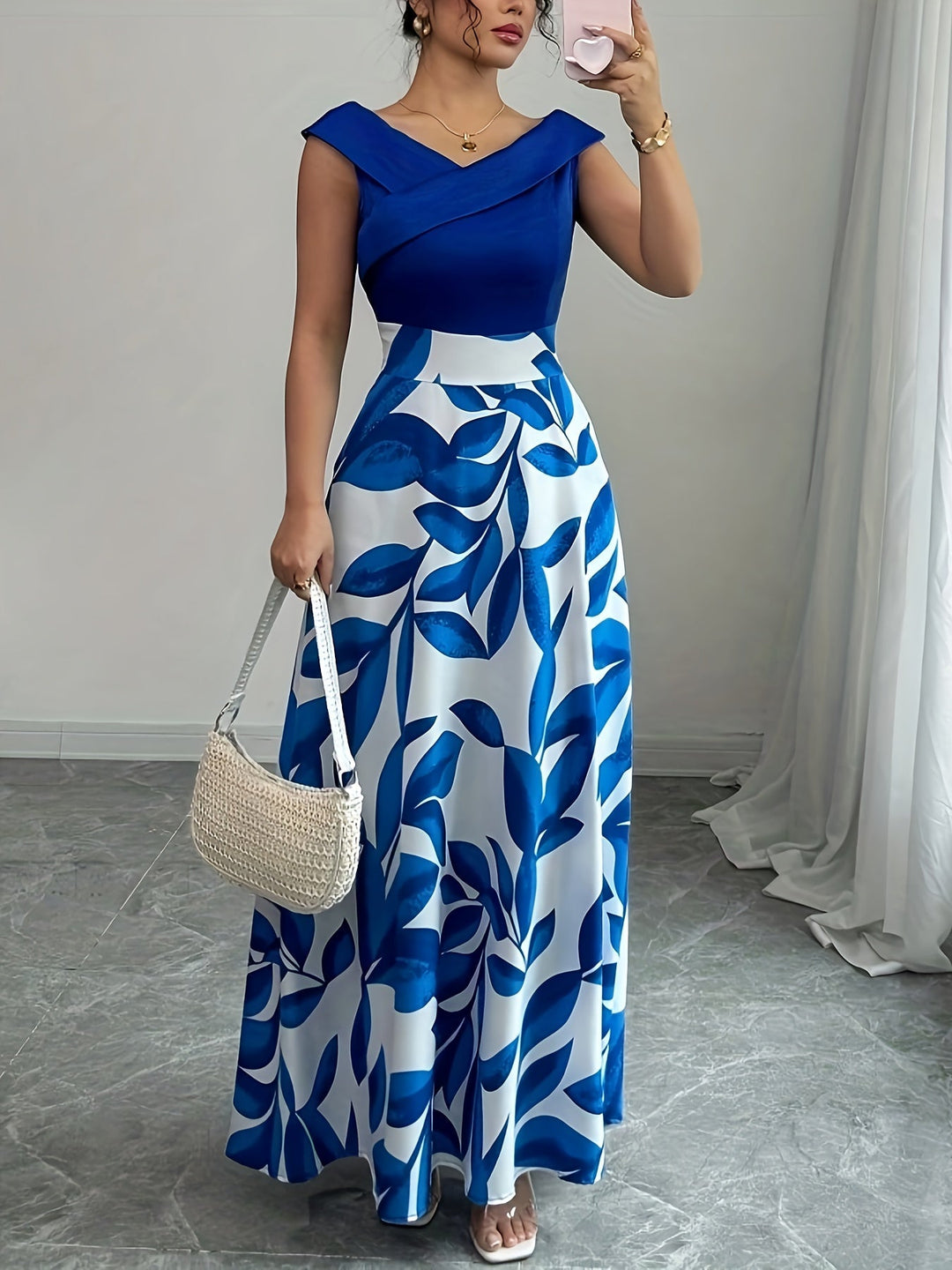 Formal elegant A-line V-neck maxi dress for women. Long wedding guest gown, perfect for special occasion evening wear.