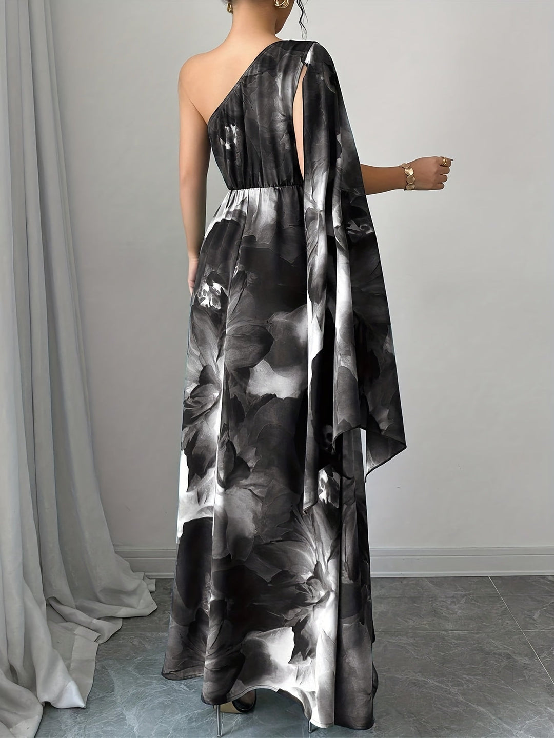 One-Shoulder Floral Maxi Dress for women. Elegant formal wear and wedding guest attire.