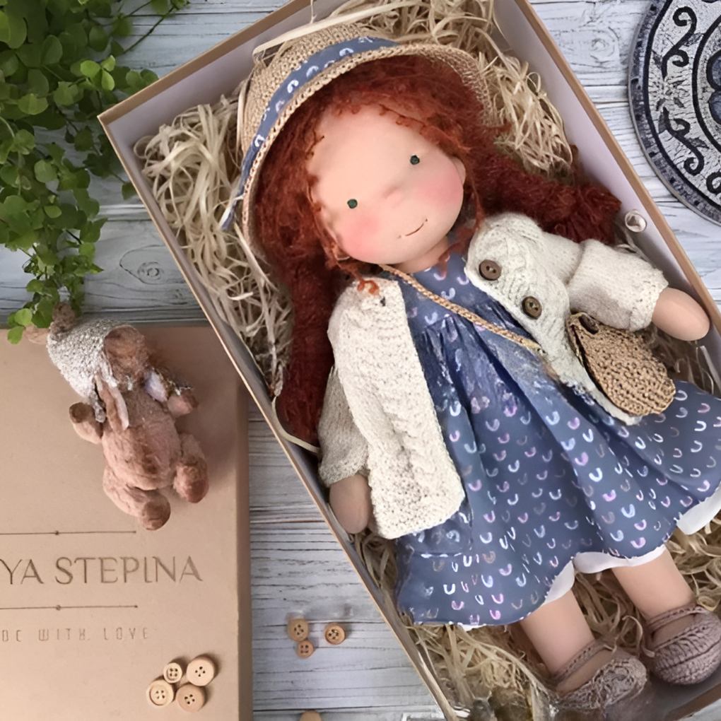 Eco-friendly handcrafted Waldorf doll, a soft, natural toy for creative children.