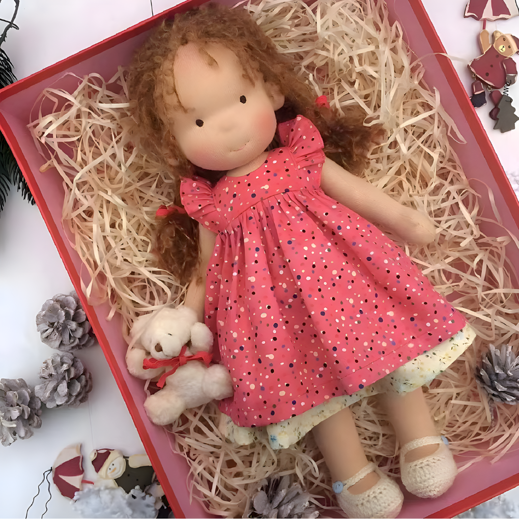 Thoughtfully made Waldorf doll, natural fibers, soft & cuddly for imaginative play.