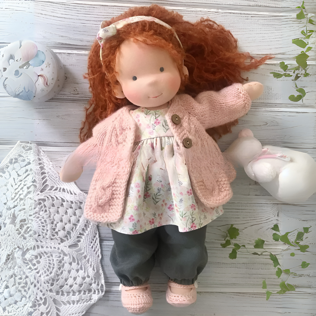 Joyful Waldorf doll, a soft & cuddly wool cotton toy for imaginative adventures.