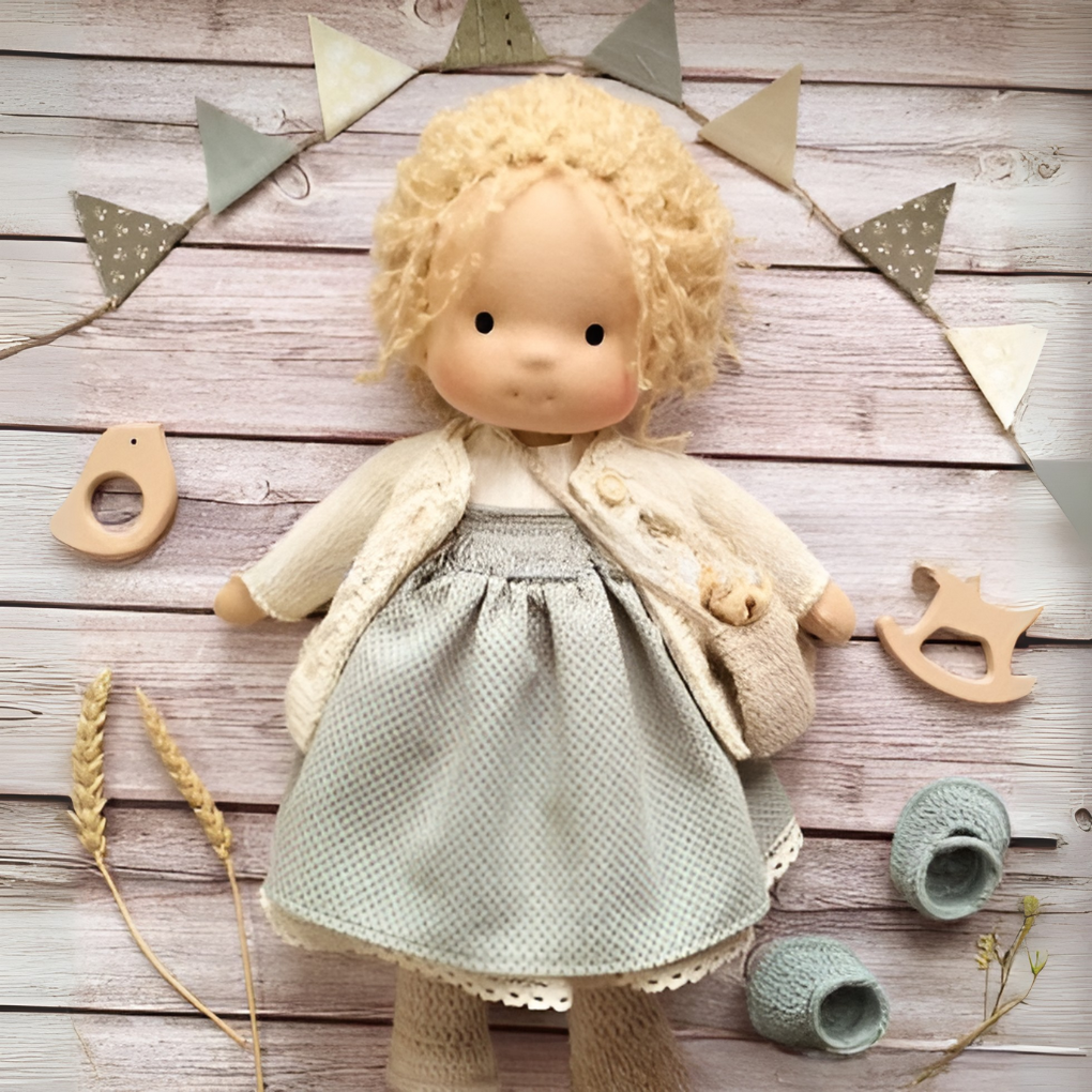 Children's soft wool cotton Waldorf doll, perfect for imaginative and educational play.