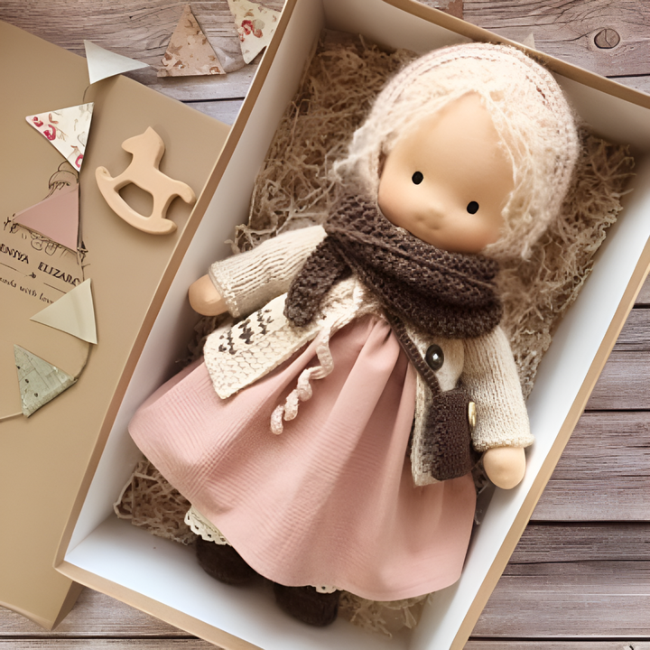 Handcrafted Waldorf doll, a cuddly natural toy for children's imaginative play.