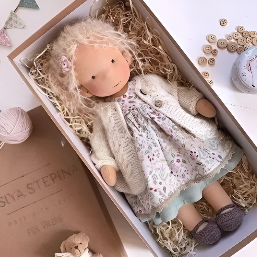 Lovable Waldorf doll, soft wool-cotton, encouraging imaginative play in children.