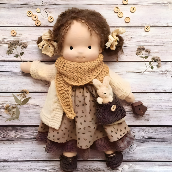 Calming Waldorf doll, a gentle wool cotton toy for comforting imaginative play.