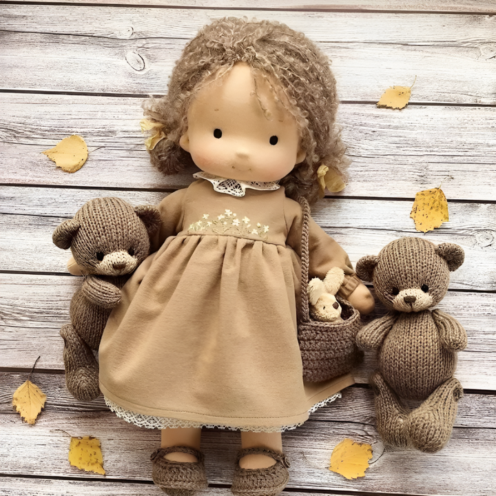 Engaging Waldorf doll, soft & cuddly, inspiring imaginative play in young children.