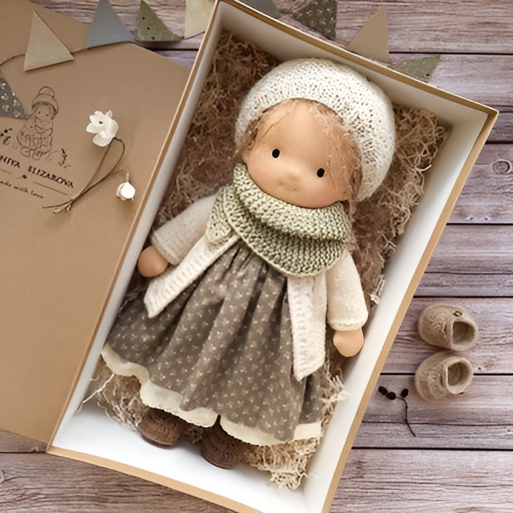 Durable handcrafted Waldorf doll, a soft wool cotton toy for active imaginative play.