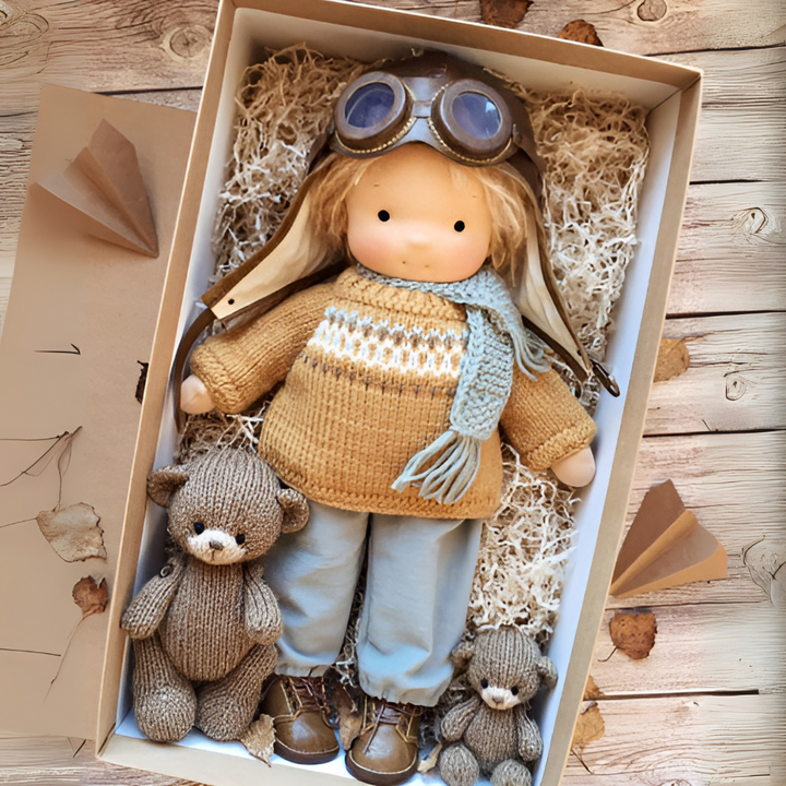Soft & safe Waldorf doll, handcrafted from natural materials for imaginative play.