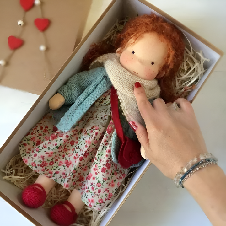 Sensory-friendly Waldorf doll, soft & natural, for comforting imaginative play.