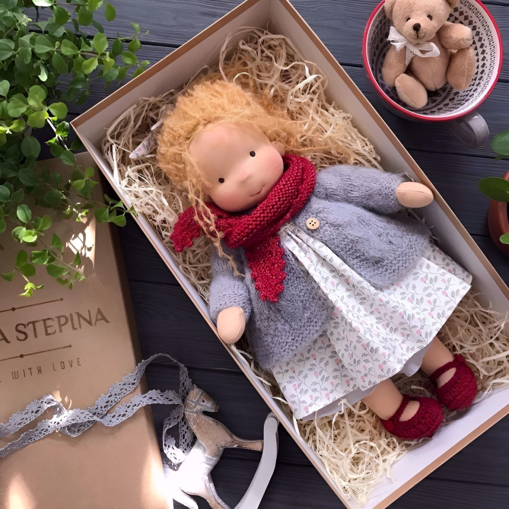 Handmade wool cotton Waldorf doll, soft & cuddly, ideal for imaginative play.