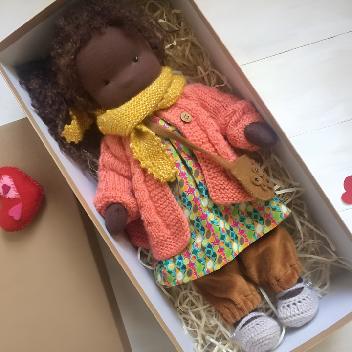 Traditional Waldorf doll, soft wool & cotton, a cuddly toy for imaginative play.