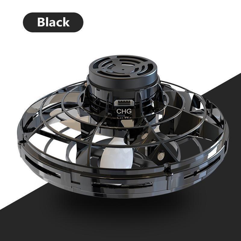 Kids' interactive mini flying drone toy, USB rechargeable, shown with packaging.