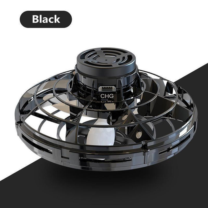 Kids' interactive mini flying drone toy, USB rechargeable, shown with packaging.