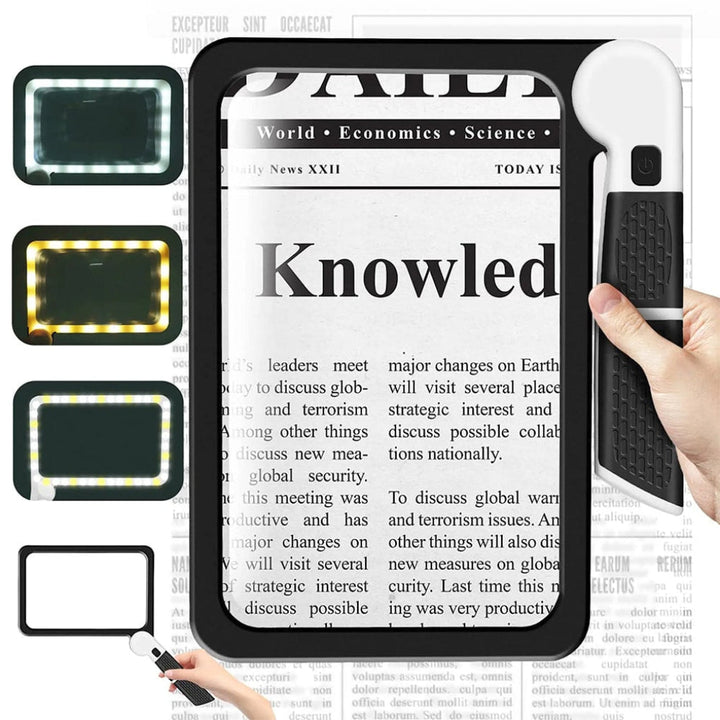 Large full page reading magnifier with ergonomic handle. Perfect low vision aid for books, maps & fine print.