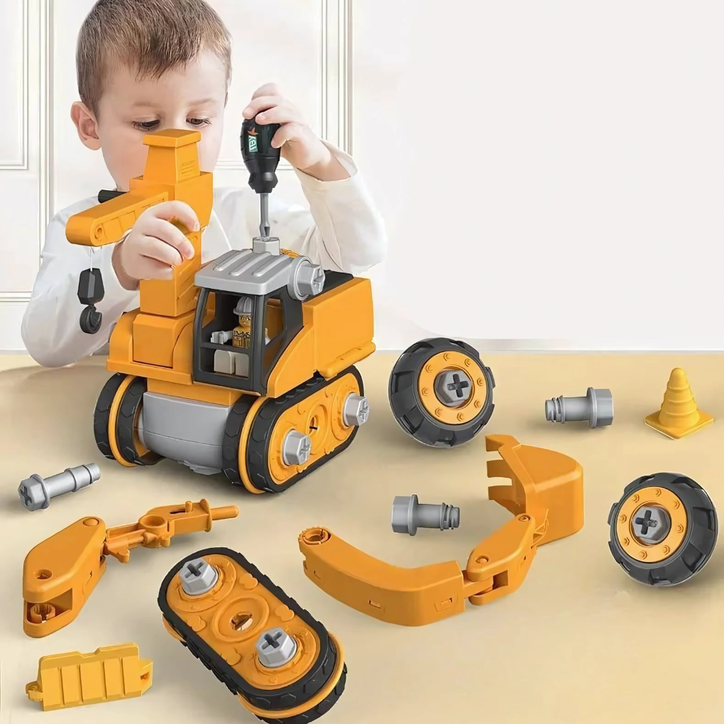 Yellow children's build your own excavator construction vehicle toy set for STEM educational play, a creative kids toy.