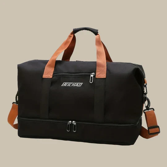 Spacious men's weekend travel duffle bag, carry-on size, with shoe compartment for trips.