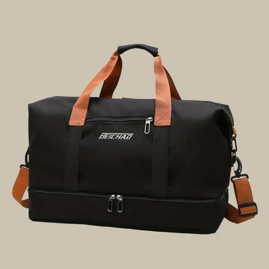Versatile men's travel duffle bag, carry-on compatible, with a convenient shoe compartment.