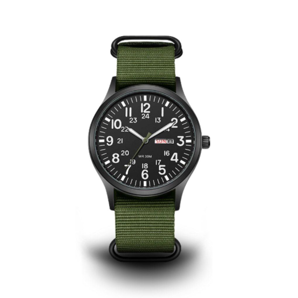 Men's luminous field watch with durable black case, water-resistant for outdoor adventures. Accurate quartz movement.