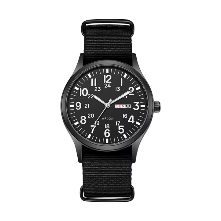 Tactical men's quartz field watch, water-resistant, featuring a bright luminous dial for low-light conditions.